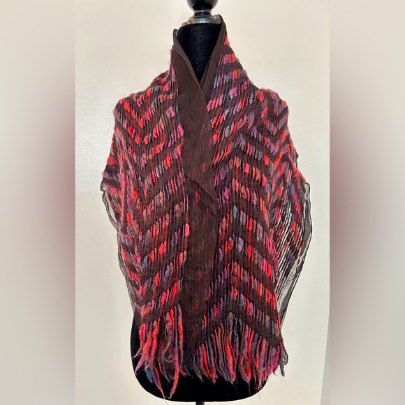 Purple Fuschia Pink Wool on Black Silk Rectangular Scarf Stole - NWOT - Picture 6 of 6